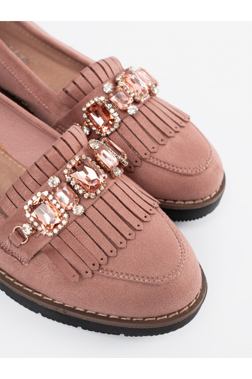 rožinės spalvos iš zomšos mokasinai puošti kristalais