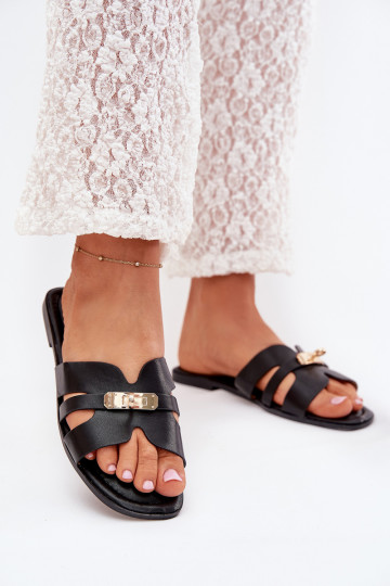 lygiapadžiai Moteriškos šlepetės Z su dryžiaisem I aukso spalvosm Detalem Juodos spalvos Kerenza 2