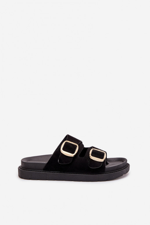 Moteriškos šlepetės su platforma Ze aukso spalvosmi su sagtimismi Juodos spalvos Verena