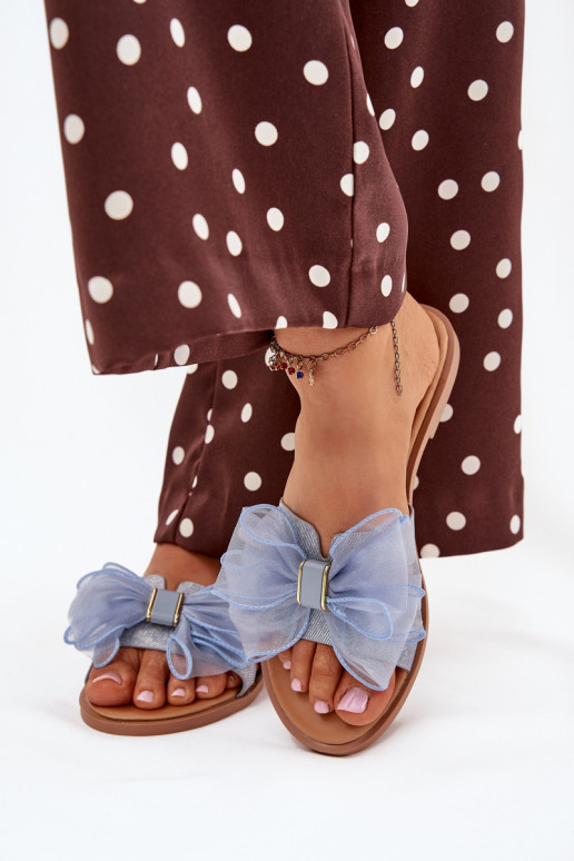 Moteriškos šlepetės su plačiais kulniukais Z Tiulową su kaspinėliais Džinso medžiagos Tanira