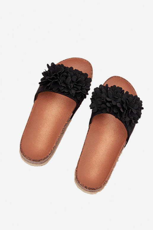 Moteriškos šlepetės su platforma  su gėlių motyvaiskami Juodos spalvos Tessara