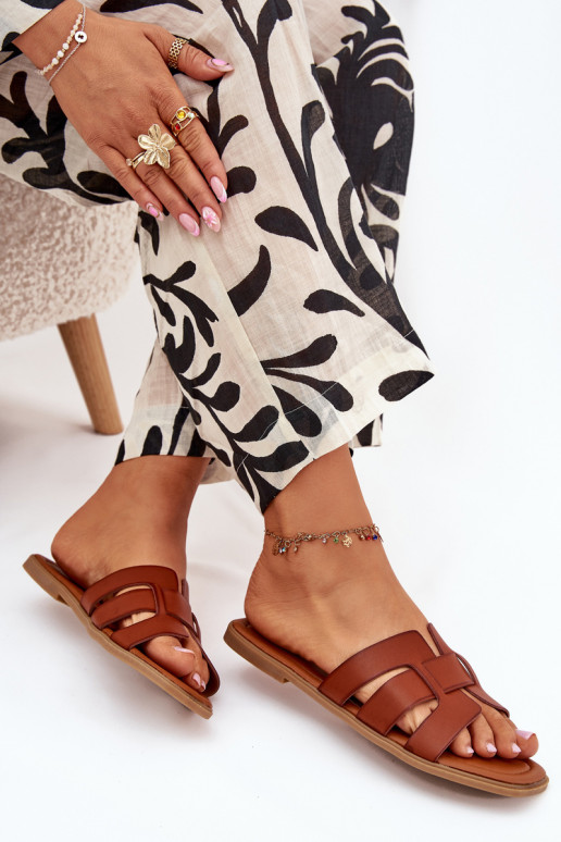 Moteriškos šlepetės su plačiais kulniukais rudos spalvos Mirona