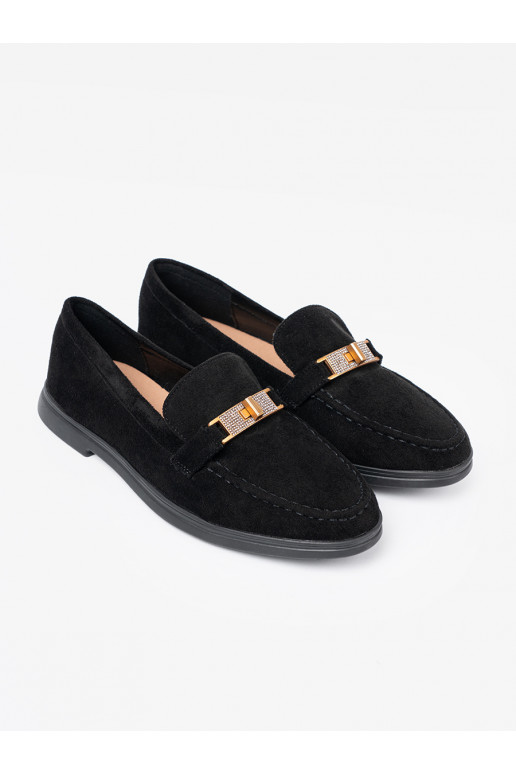 Juodos spalvos iš zomšos mokasinai z elegancką złotą ozdobą