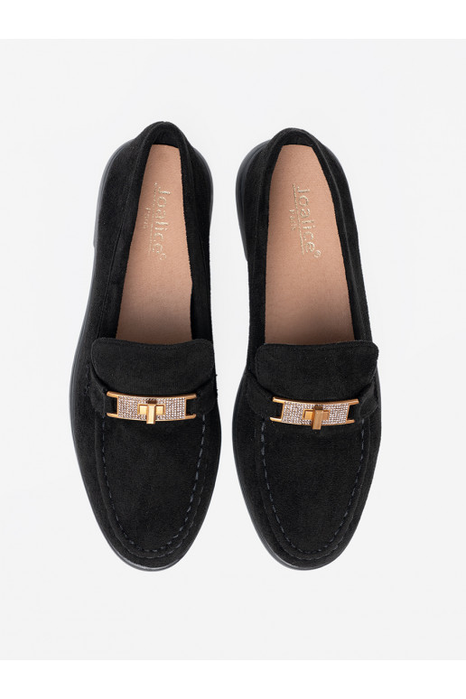 Juodos spalvos iš zomšos mokasinai z elegancką złotą ozdobą