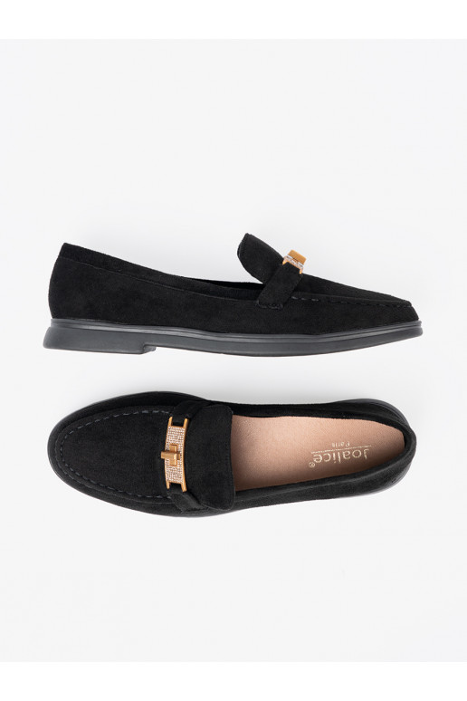 Juodos spalvos iš zomšos mokasinai z elegancką złotą ozdobą