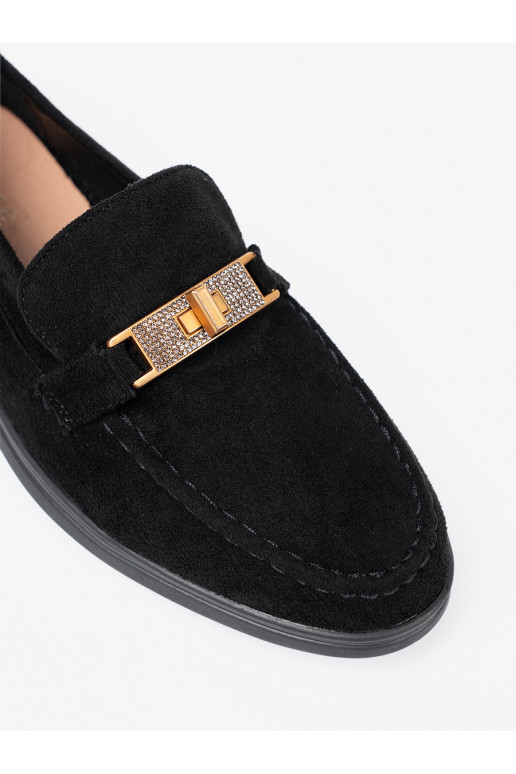 Juodos spalvos iš zomšos mokasinai z elegancką złotą ozdobą