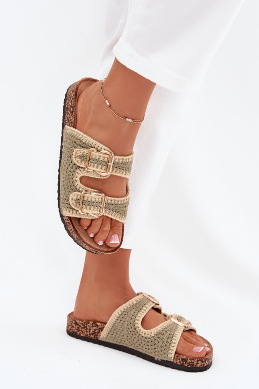 Szydełkowe Moteriškos šlepetės Ze aukso spalvosmi su sagtimismi žalios spalvos Fenira