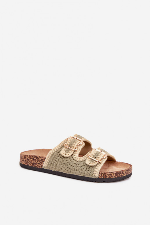 Szydełkowe Moteriškos šlepetės Ze aukso spalvosmi su sagtimismi žalios spalvos Fenira