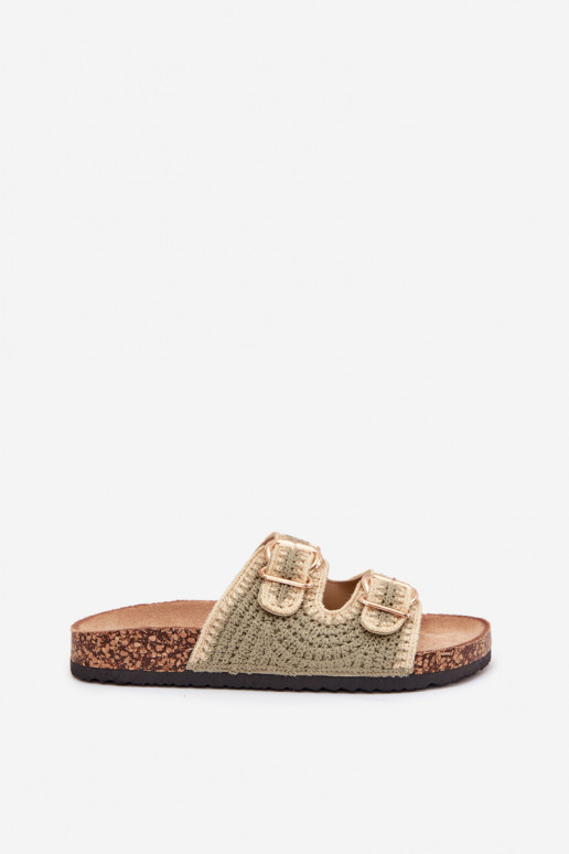 Szydełkowe Moteriškos šlepetės Ze aukso spalvosmi su sagtimismi žalios spalvos Fenira