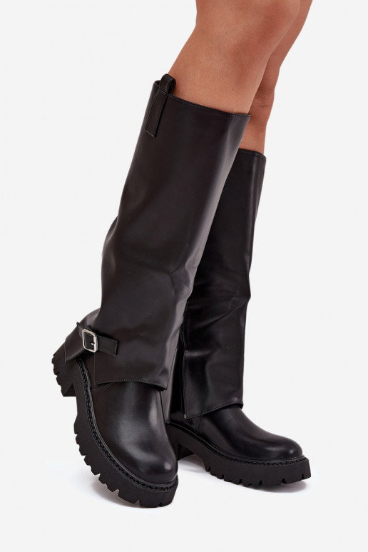 pašiltinti ilgaauliai batai Z Wywiniętą Cholewką I su sagtimis Juodos spalvos Fiorae pašiltinti ilgaauliai batai Z Wywiniętą Cholewką I su sagtimis Juodos spalvos Fiorae