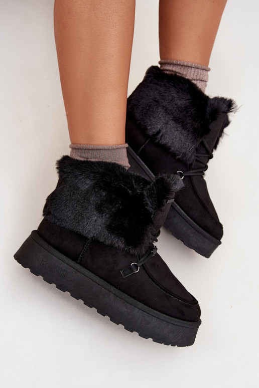 sniego batai  su platforma su kailiuku I Wiązaniem Big Star SS274113 Juodos spalvos sniego batai  su platforma su kailiuku I Wiązaniem Big Star SS274113 Juodos spalvos