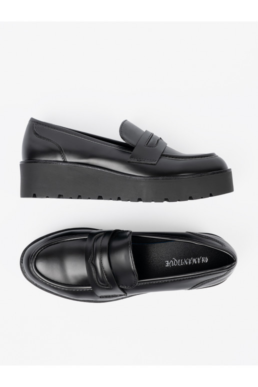 Elegantiško stiliaus juodos spalvos mokasinai su masyviu kulnu