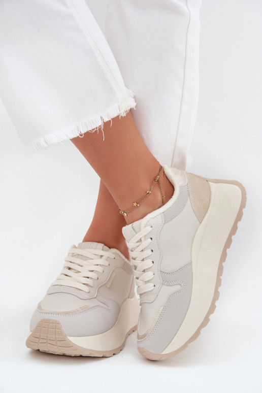 Pašiltinti dramblio kaulo spalvos moteriški sneakers stiliaus batai su platforma Big Star SS274008 HI-POLY SYSTEM