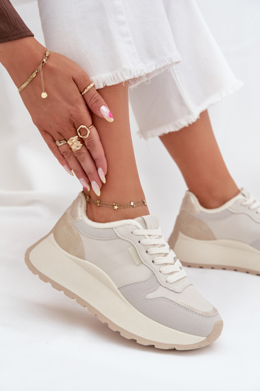 Pašiltinti dramblio kaulo spalvos moteriški sneakers stiliaus batai su platforma Big Star SS274008 HI-POLY SYSTEM