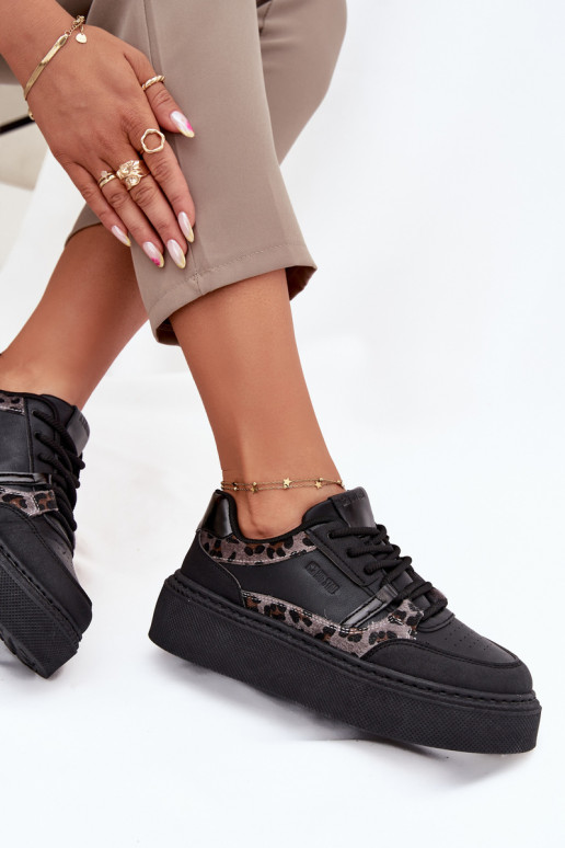 Moteriški sportiniai batai su platforma Big Star SS274358 su leopardo kailio raštais juodos spalvos