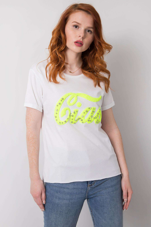 Balti marškinėliai su Erin aplikacijomis Balti marškinėliai su Erin aplikacijomis