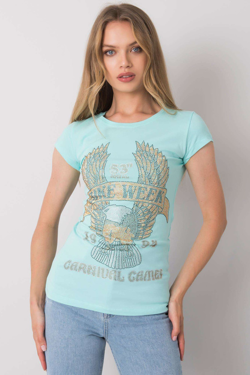 Šviesiai mėlyni marškinėliai su Haley...