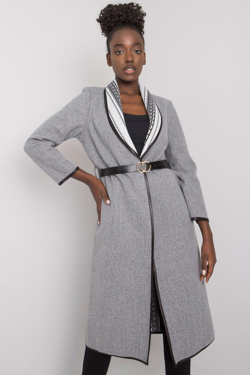 Pilkas melanžinis paltas su Kathy diržu Pilkas melanžinis paltas su Kathy diržu