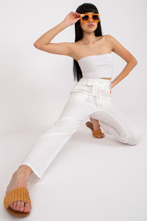 Ecru moteriškos audinio kelnės su diržu