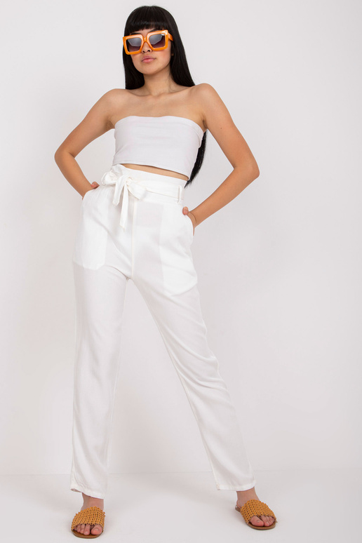 Ecru moteriškos audinio kelnės su diržu