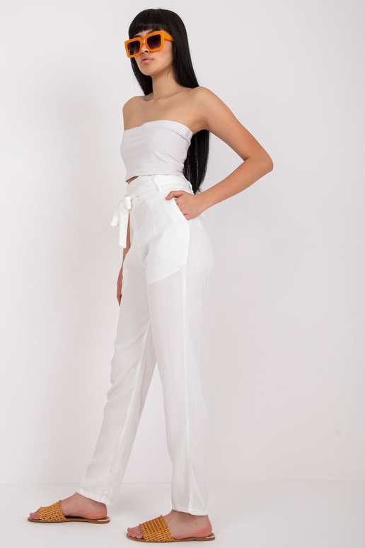 Ecru moteriškos audinio kelnės su diržu