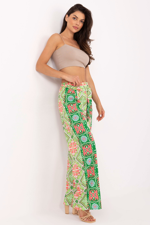 Žalios spalvos plačios audinio kelnės