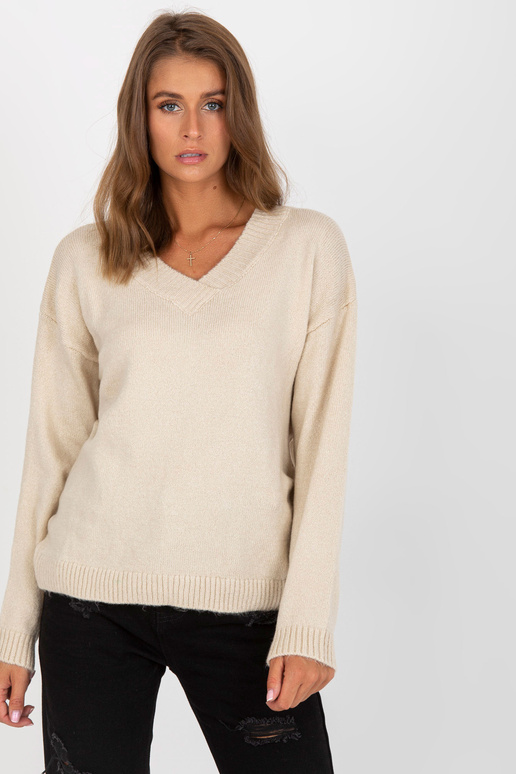 Smėlio spalvos klasikinis megztinis V...
