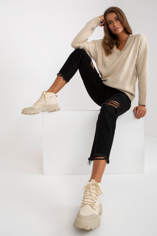 Smėlio spalvos klasikinis megztinis V...