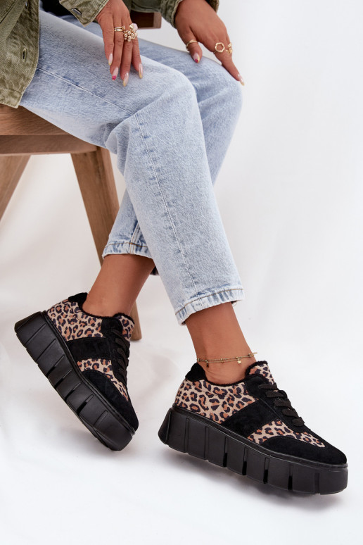 Juodos spalvos pašiltinti zomšiniai moteriški sportiniai batai su platforma ir leopardo rašto detalėmis Vinceza 66841