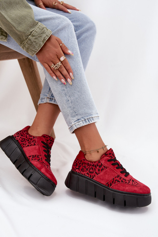iš zomšos pašiltinti  modelio batai  su platforma Vinceza 66841 su leopardo kailio raštais raudonos spalvos