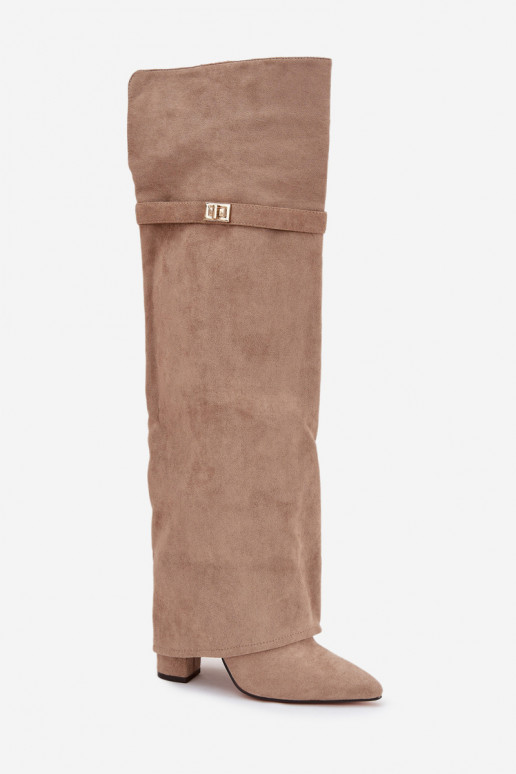 pašiltinti ilgaauliai batai Z Wywiniętą Cholewką virš kelių Obcas Słupek smėlio spalvos Serelle