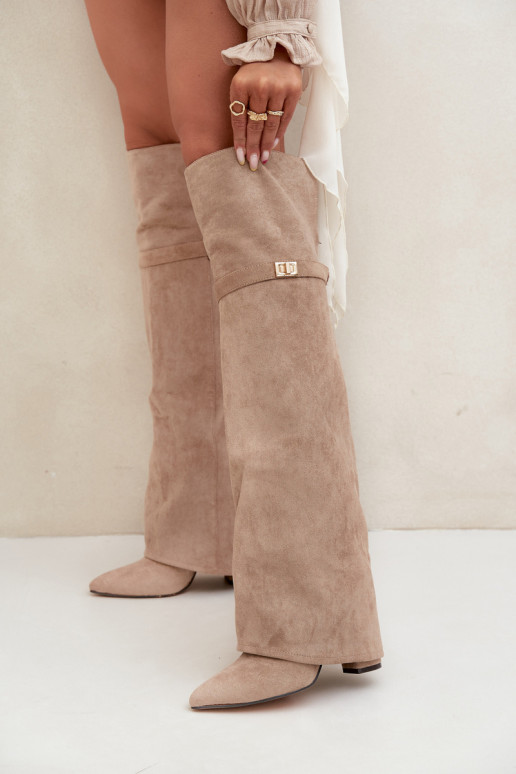 pašiltinti ilgaauliai batai Z Wywiniętą Cholewką virš kelių Obcas Słupek smėlio spalvos Serelle