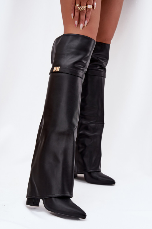 pašiltinti ilgaauliai batai Z Wywiniętą Cholewką virš kelių Obcas Słupek Juodos spalvos Serelle