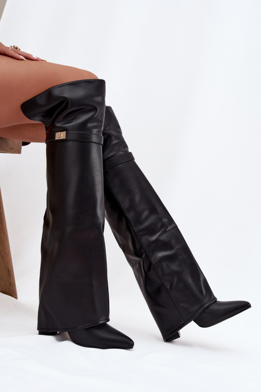 pašiltinti ilgaauliai batai Z Wywiniętą Cholewką virš kelių Obcas Słupek Juodos spalvos Serelle