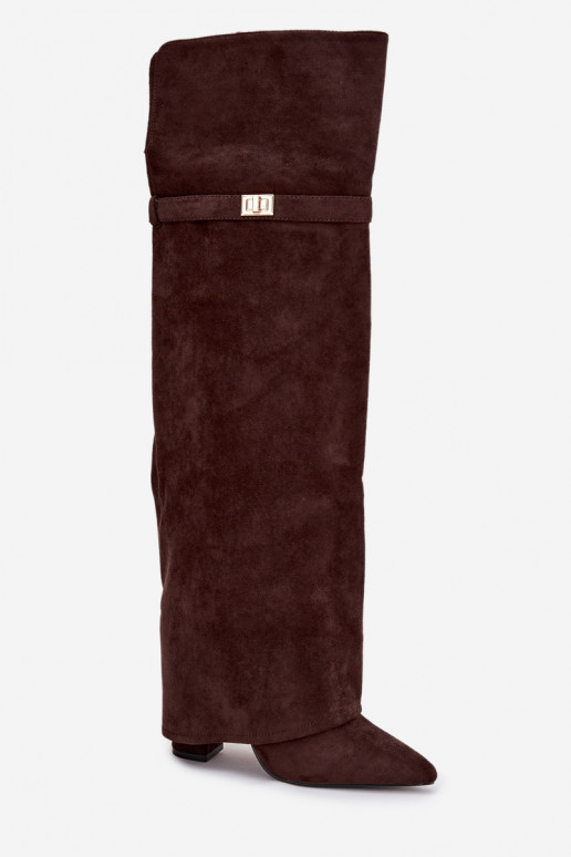 pašiltinti ilgaauliai batai Z Wywiniętą Cholewką virš kelių Obcas Słupek Czekoladowe Serelle