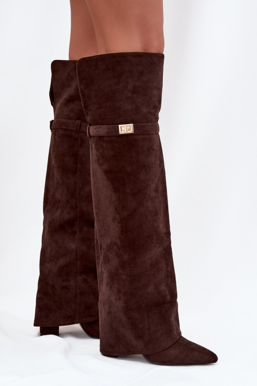 pašiltinti ilgaauliai batai Z Wywiniętą Cholewką virš kelių Obcas Słupek Czekoladowe Serelle