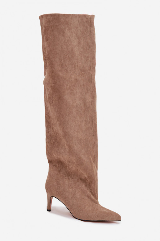 moteriški ilgaauliai batai su plonais kulniukais Įsispiriamo modelio smėlio spalvos Mavilla