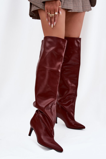 moteriški ilgaauliai batai su plonais kulniukais Įsispiriamo modelio bordo spalvos Mavilla 2