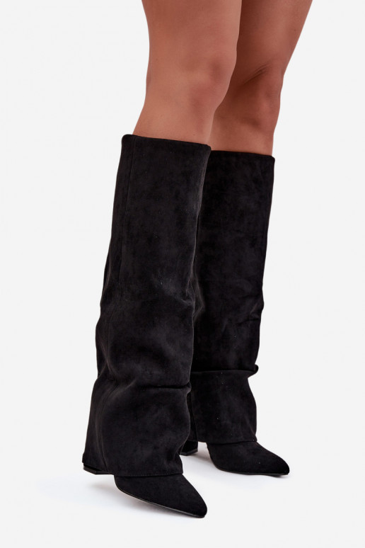 pašiltinti moteriški ilgaauliai batai Z Wywiniętą Cholewką su kulniukais iš eko zomšosowe Juodos spalvos Elivira