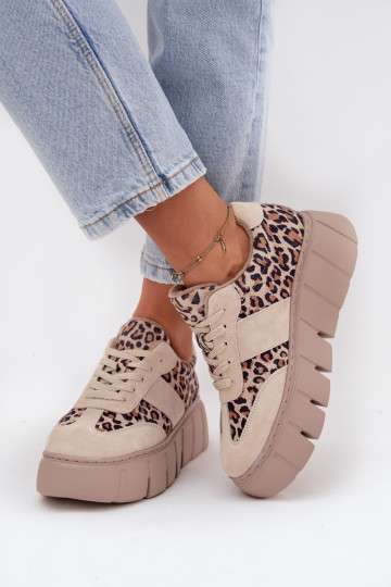 iš zomšos pašiltinti Sneakers modelio batai Moteriškas su platforma Vinceza 66841 su leopardo kailio raštais smėlio spalvos 2