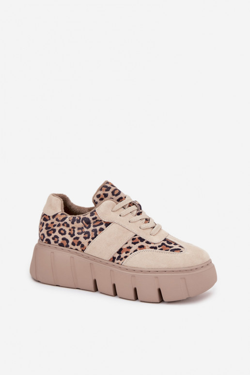 Smėlio spalvos pašiltinti zomšiniai moteriški sportiniai batai su platforma ir leopardo rašto detalėmis Vinceza 66841