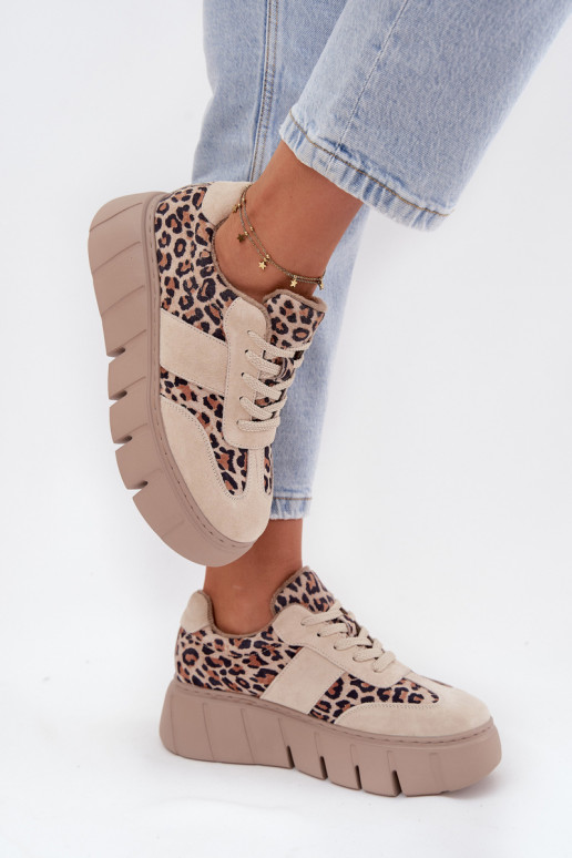 iš zomšos pašiltinti Sneakers modelio batai Moteriškas su platforma Vinceza 66841 su leopardo kailio raštais smėlio spalvos