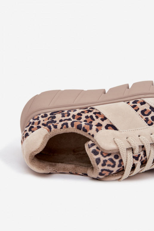 Smėlio spalvos pašiltinti zomšiniai moteriški sportiniai batai su platforma ir leopardo rašto detalėmis Vinceza 66841