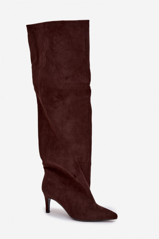 moteriški ilgaauliai batai su plonais kulniukais Įsispiriamo modelio Czekoladowe Mavilla