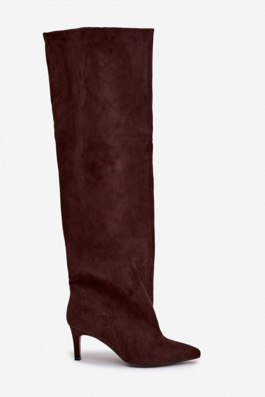 moteriški ilgaauliai batai su plonais kulniukais Įsispiriamo modelio Czekoladowe Mavilla