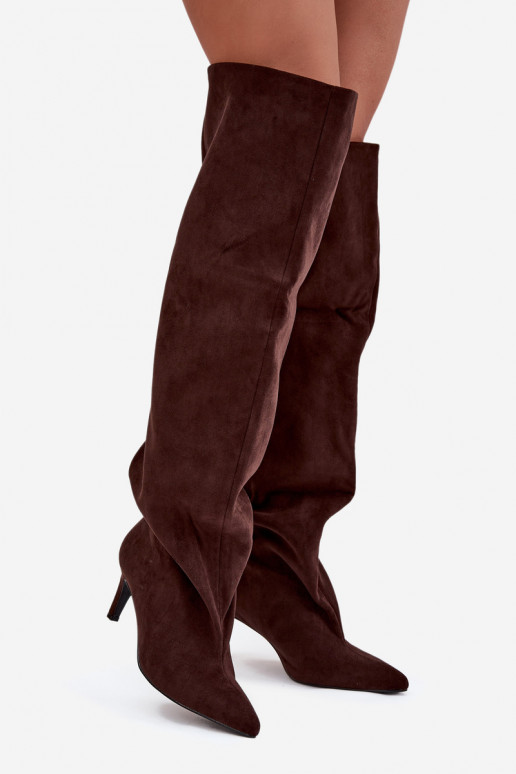 moteriški ilgaauliai batai su plonais kulniukais Įsispiriamo modelio Czekoladowe Mavilla