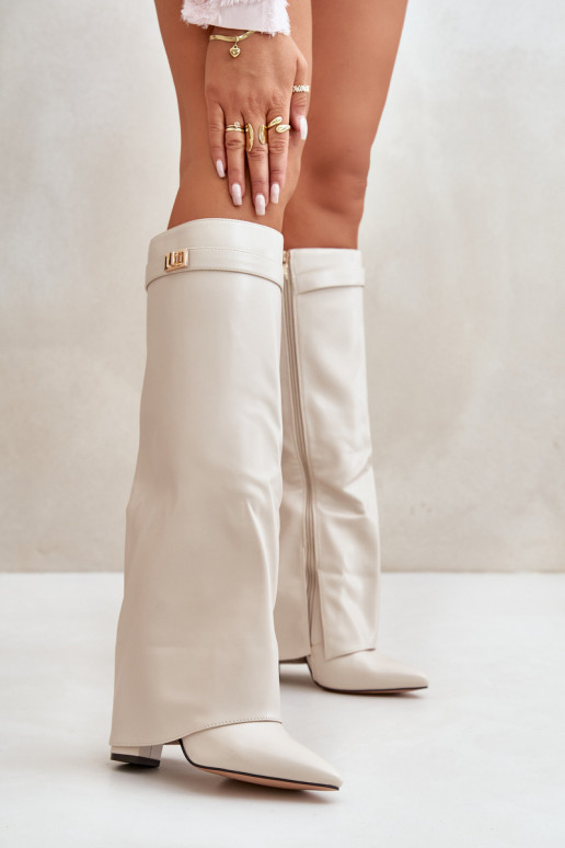 moteriški ilgaauliai batai Eko   Z Wywiniętą Cholewką su kulniukais dramblio kaulo spalvos Avamora