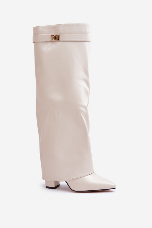 moteriški ilgaauliai batai Eko   Z Wywiniętą Cholewką su kulniukais dramblio kaulo spalvos Avamora