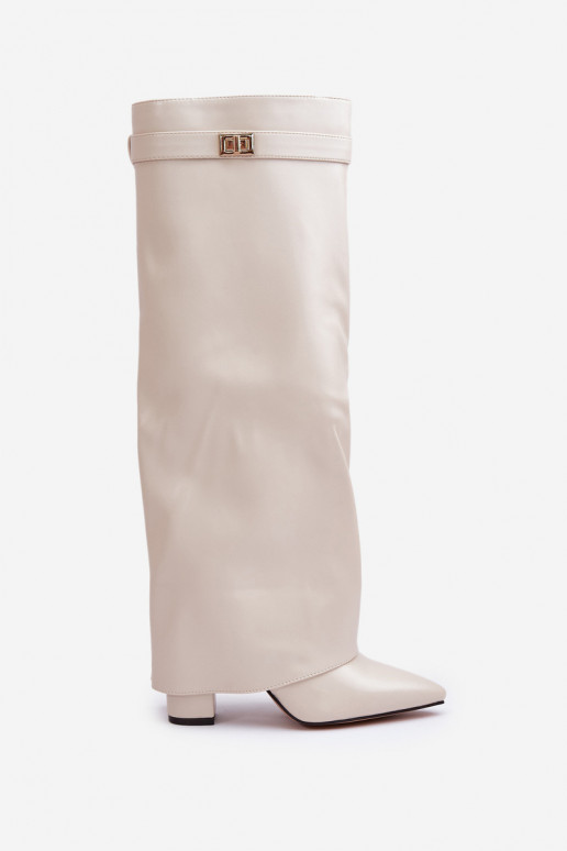 moteriški ilgaauliai batai Eko   Z Wywiniętą Cholewką su kulniukais dramblio kaulo spalvos Avamora