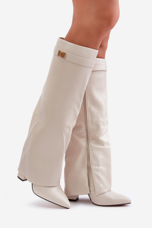 moteriški ilgaauliai batai Eko   Z Wywiniętą Cholewką su kulniukais dramblio kaulo spalvos Avamora